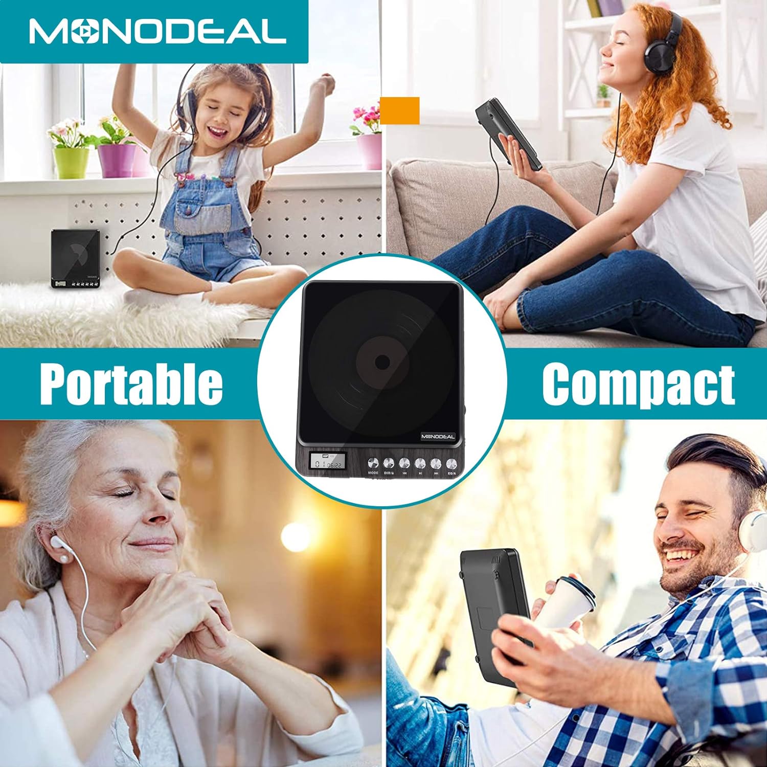 Portable Rechargeable CD Player with Dual Headphones Jack M185328