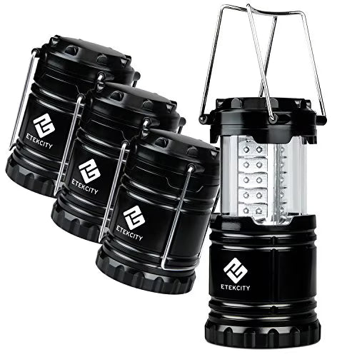 4 Pack Portable LED Camping Lantern with 12 AA Batteries, Black, Collapsible Y40686