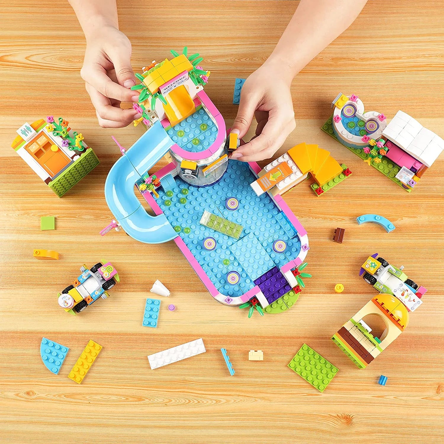 727 Pieces Pool Building Blocks Set with Toy Juice Bar and Hot Tub L271807
