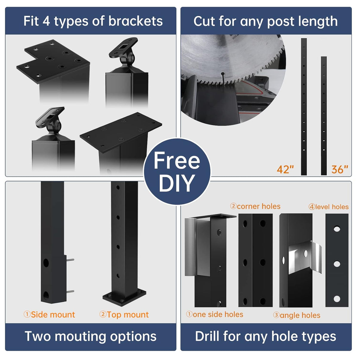 2-Pack 36-42 inch Assembled Weldless 2x2 Square Aluminum Black Powder Coated Side Mount Surface Mount Posts C35141