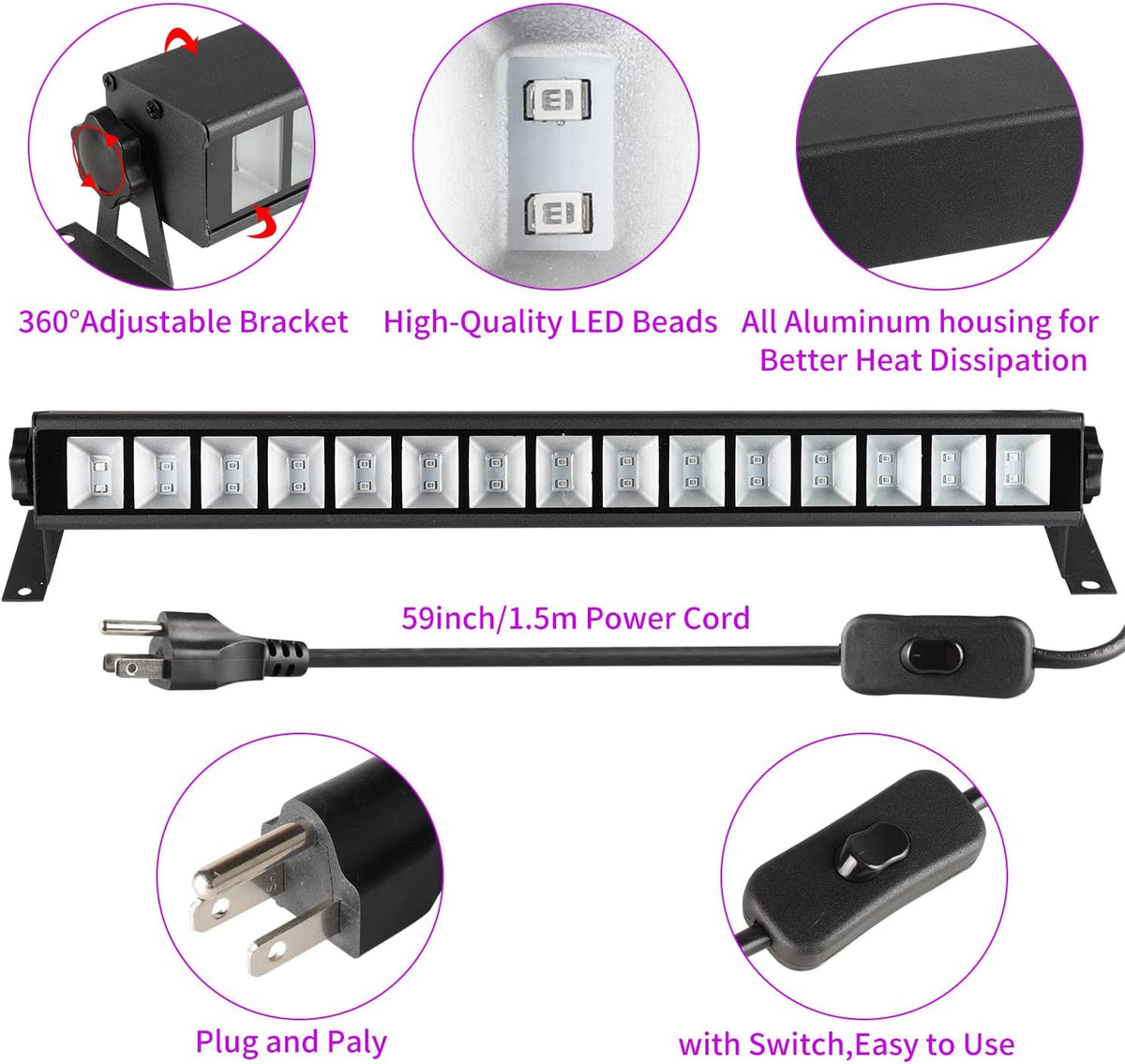 4 Pack 30W Black Light Bar with Switch, Plug and 5ft Cable I869831