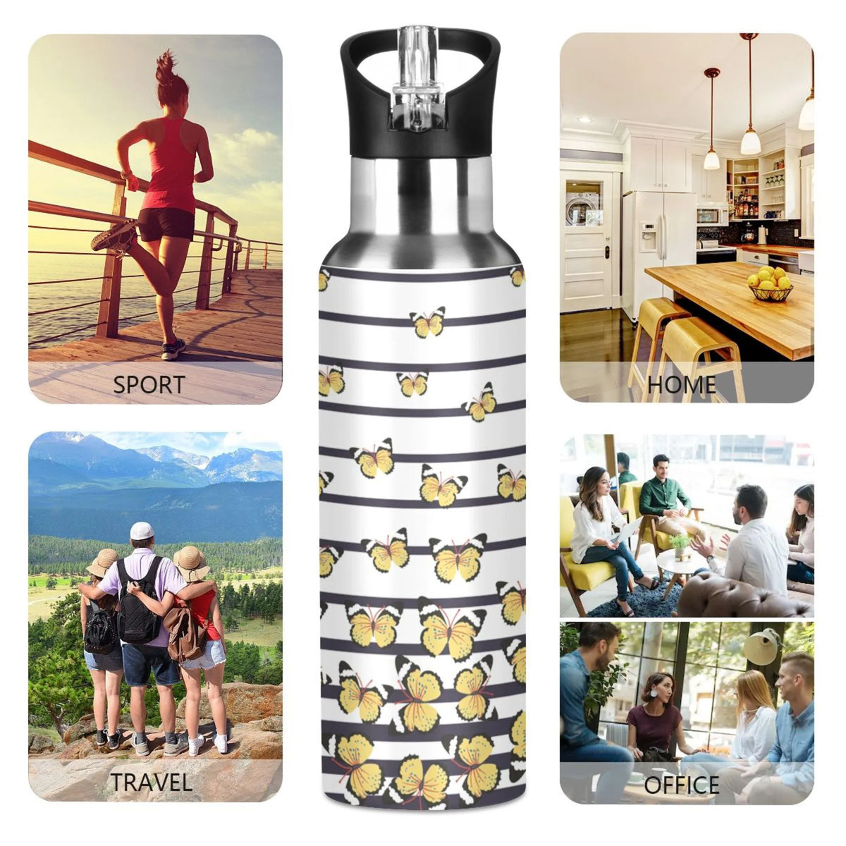 Navy Blue Striped Stainless Steel Vacuum Insulated Water Bottle with Straw Lid 20 OZ D578