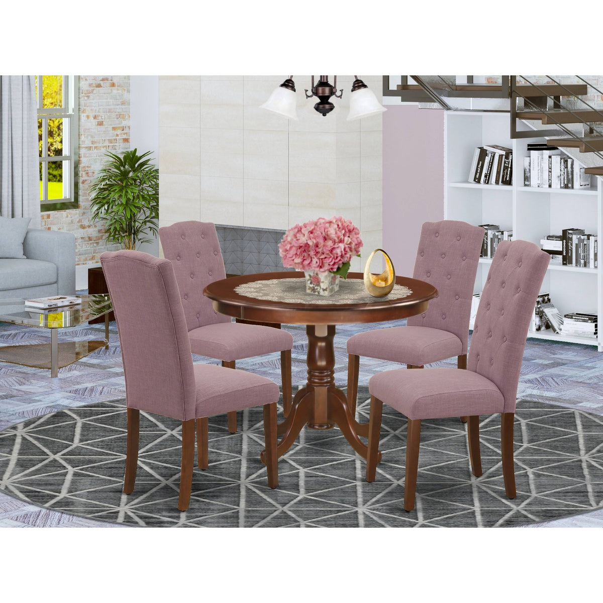 5pc Dining Set with Round Dinette Table and Four Parson Chairs C13108