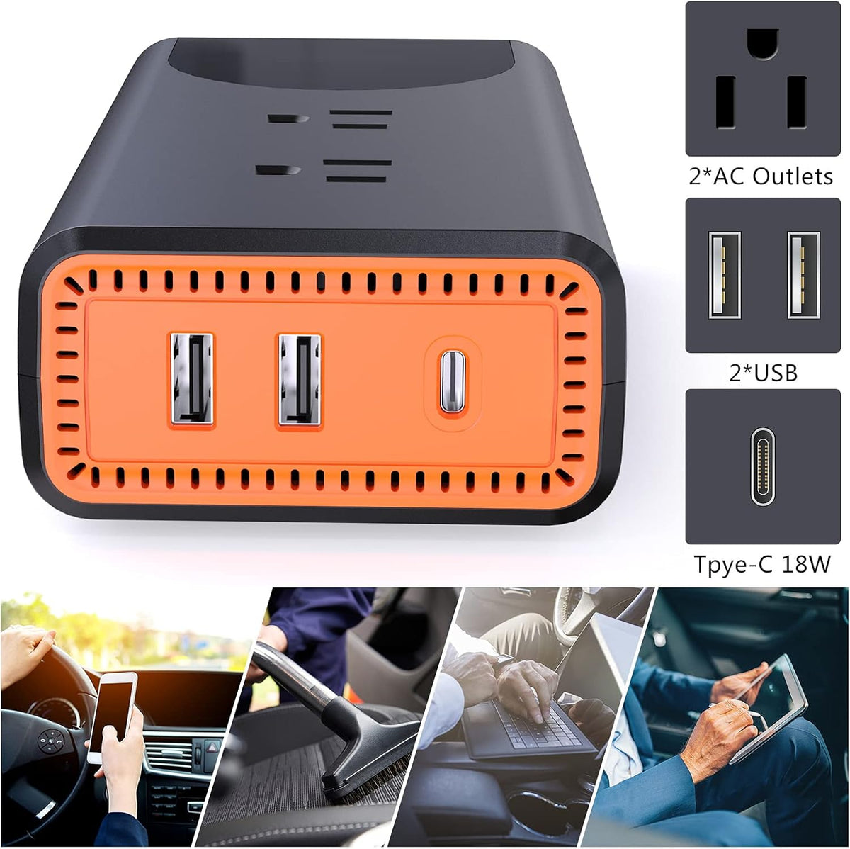 300W Pure Sine Wave Inverter DC 12V to AC 110V Car Adapter with Dual USB Ports Type-C Charger LCD Screen Pack of 2 X692