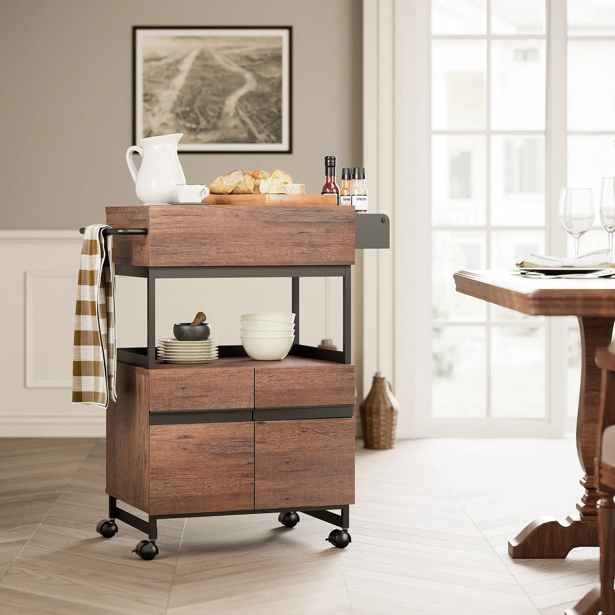 Rolling Kitchen Island with Storage Cabinet and Open Shelf H97531