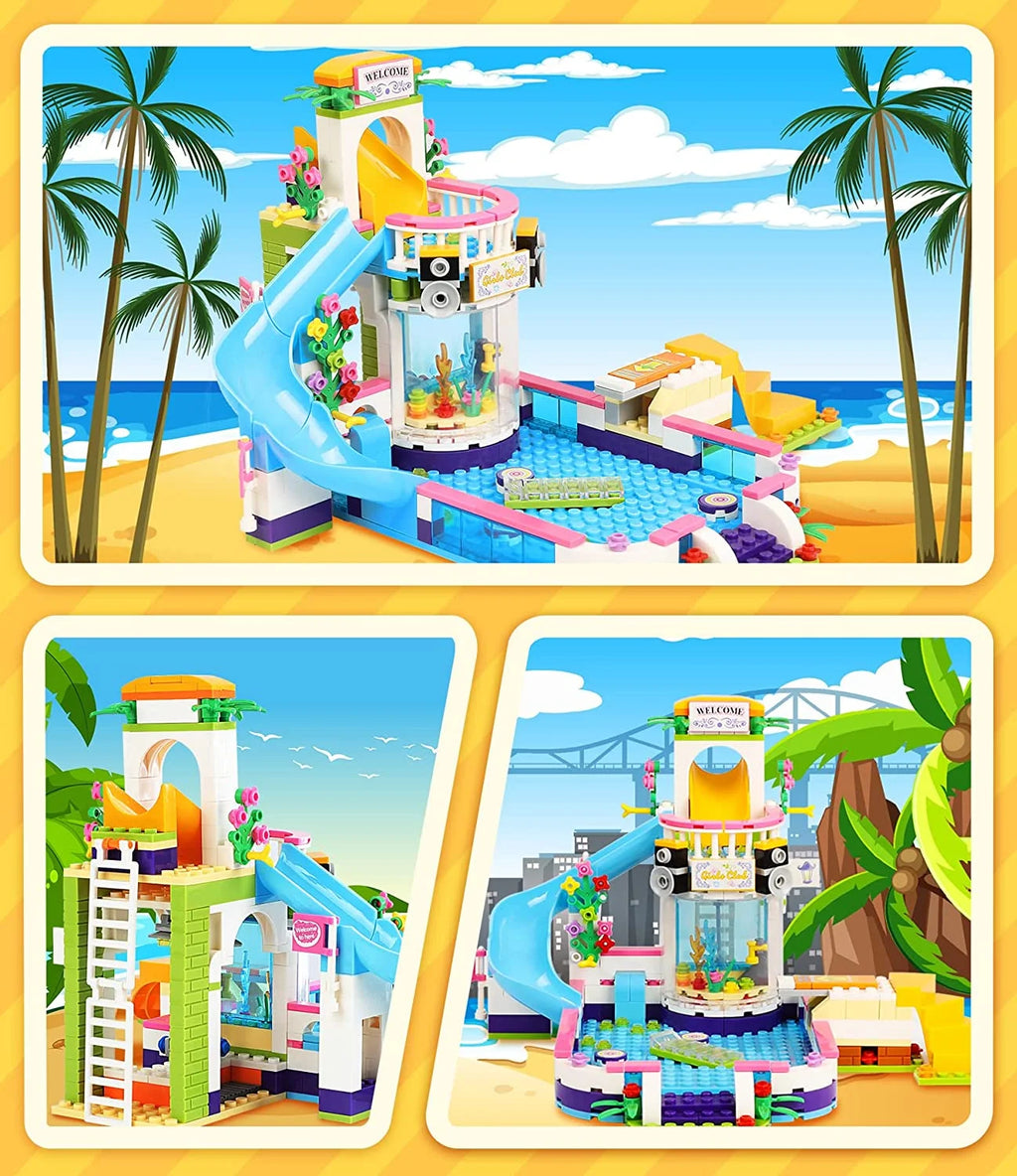 727 Pieces Pool Building Blocks Set with Toy Juice Bar and Hot Tub L271807