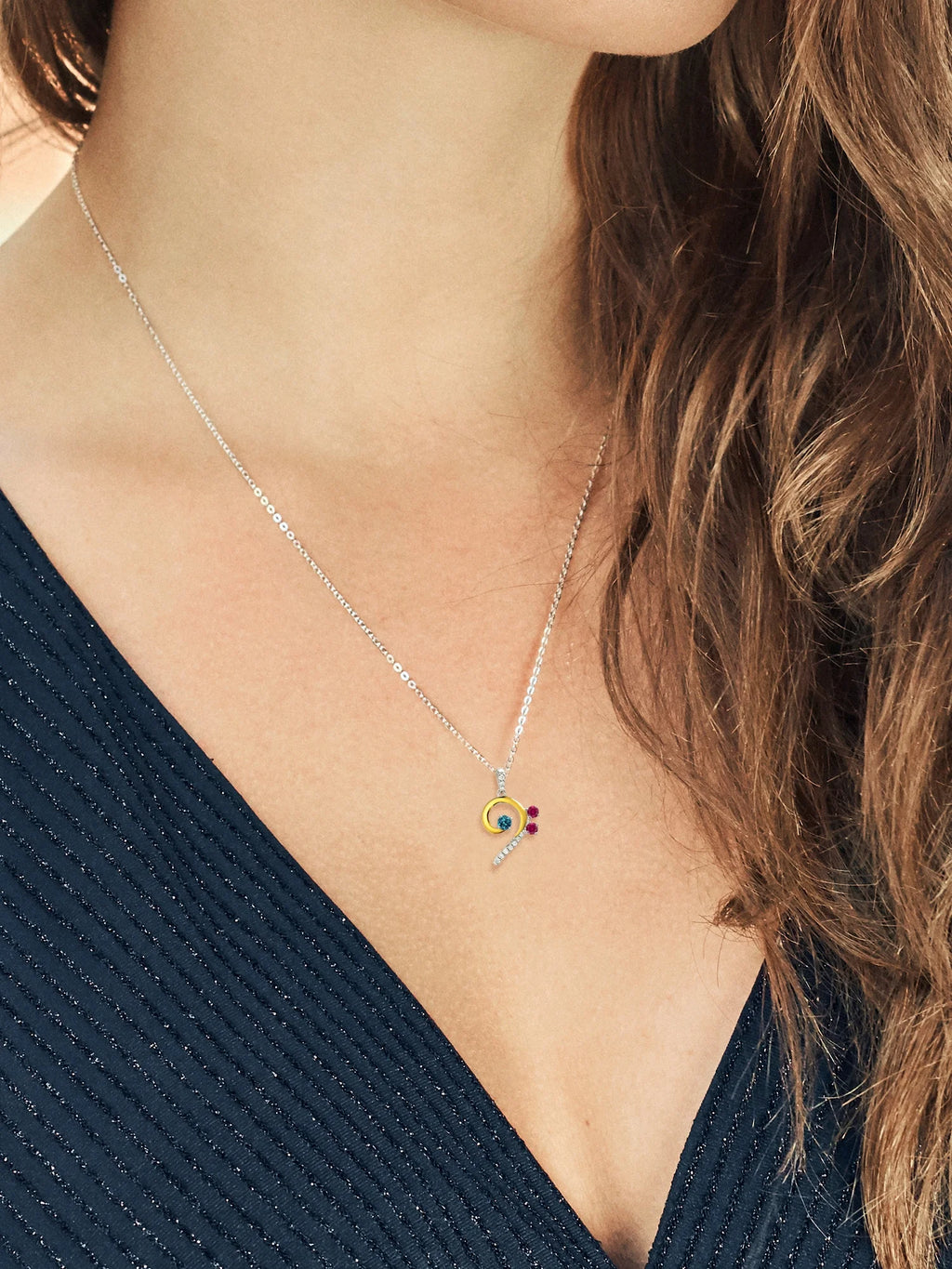 London Blue Topaz Red Created Ruby White Lab Grown Diamond Bass Clef Music Note Pendant Necklace with 18 inch Chain G709493