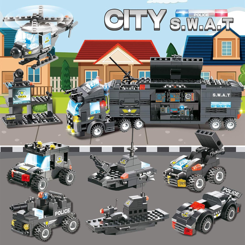 1110 PCS SWAT City Police Station Mobile Command Center Truck Car Building Blocks Set with Storage Box I866760