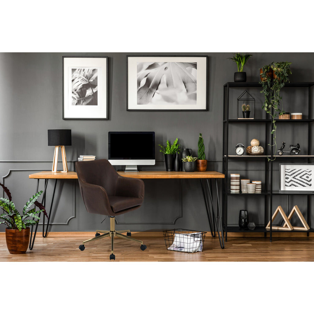 Tufted Office Chair in Faux Brown Leather with Wheels I475