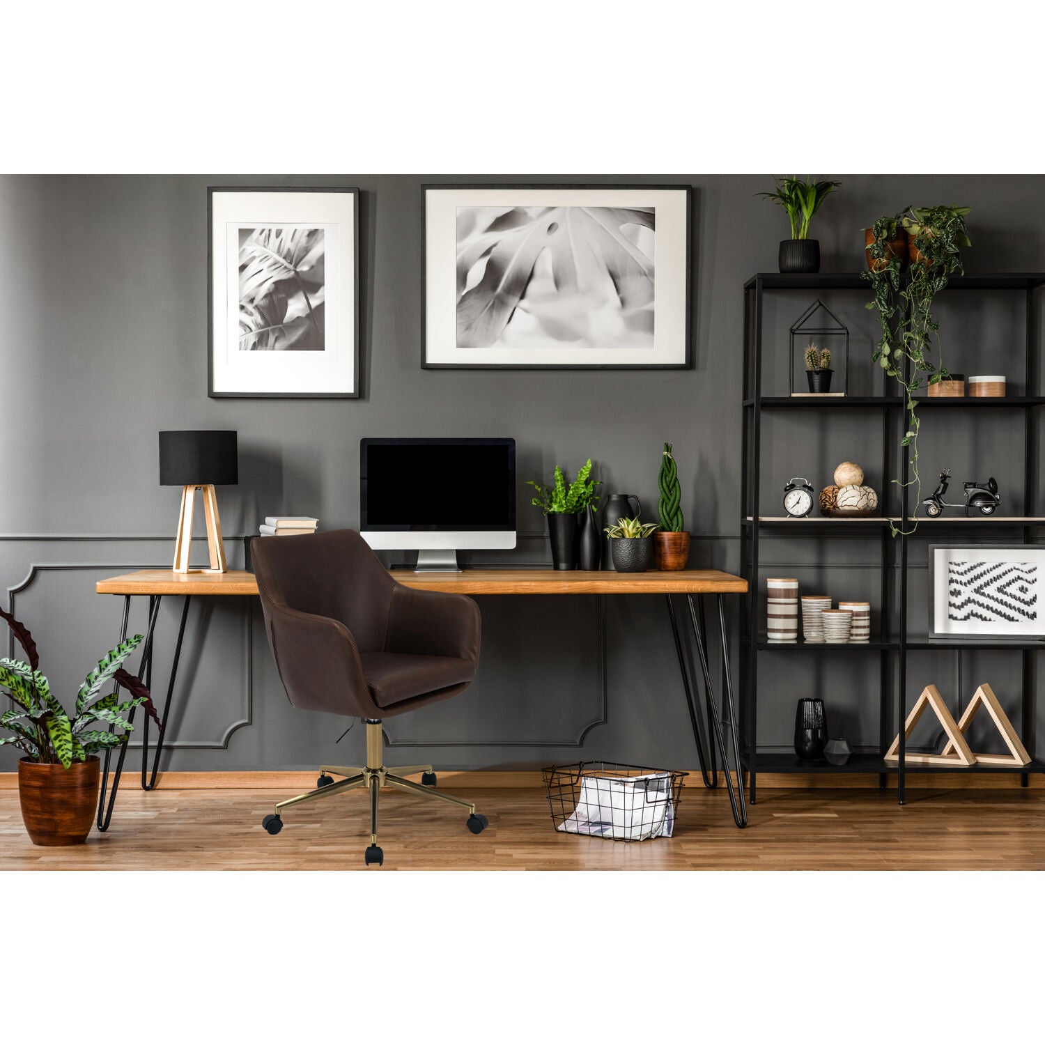Tufted Office Chair in Faux Brown Leather with Wheels I475