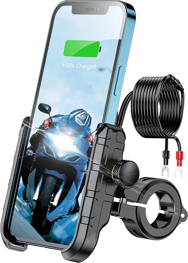 Motorcycle Phone Mount Charger USB QC 3.0 36W Fast Charging Port, Anti-Slip Aluminum Alloy Mounting Base IP66 Waterproof Handlebar Cell Phone Holder Adjustable Fit 4-7" V870011