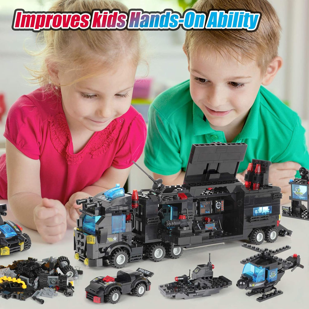 1110 PCS SWAT City Police Station Mobile Command Center Truck Car Building Blocks Set with Storage Box I866760