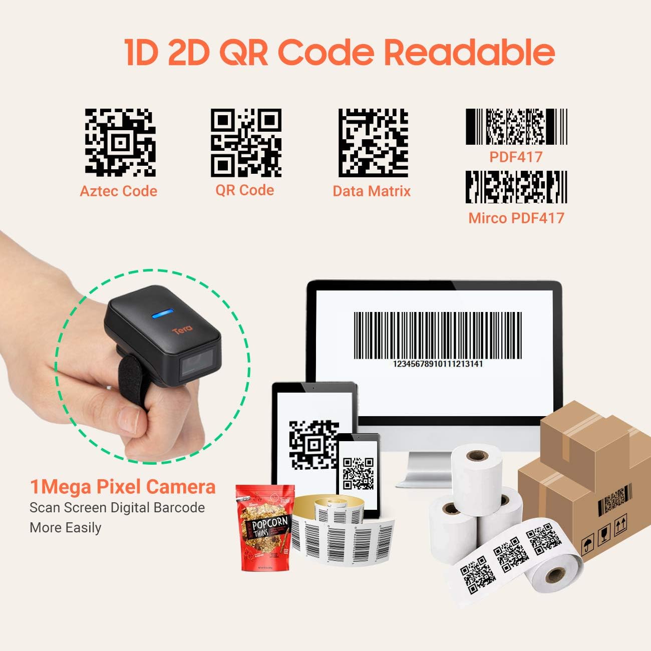 Wireless Ring Barcode Scanner with Bluetooth F683
