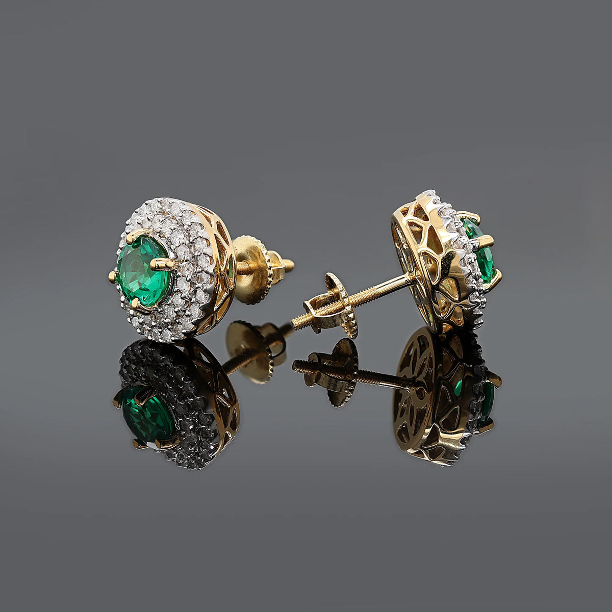 3 Carat Round Green Emerald and Natural Diamond Double Halo Stud Earrings in 18K Yellow Gold Plated O14296