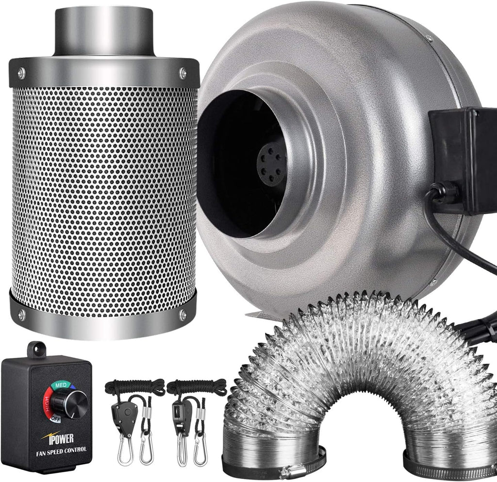 6 Inch 442 CFM Inline Duct Ventilation Fan with Carbon Filter, Variable Speed Adjuster, Digital Hygrometer Thermometer, 25 feet Vent Hose Combo, 1-Pair Rope Clip Hanger L797