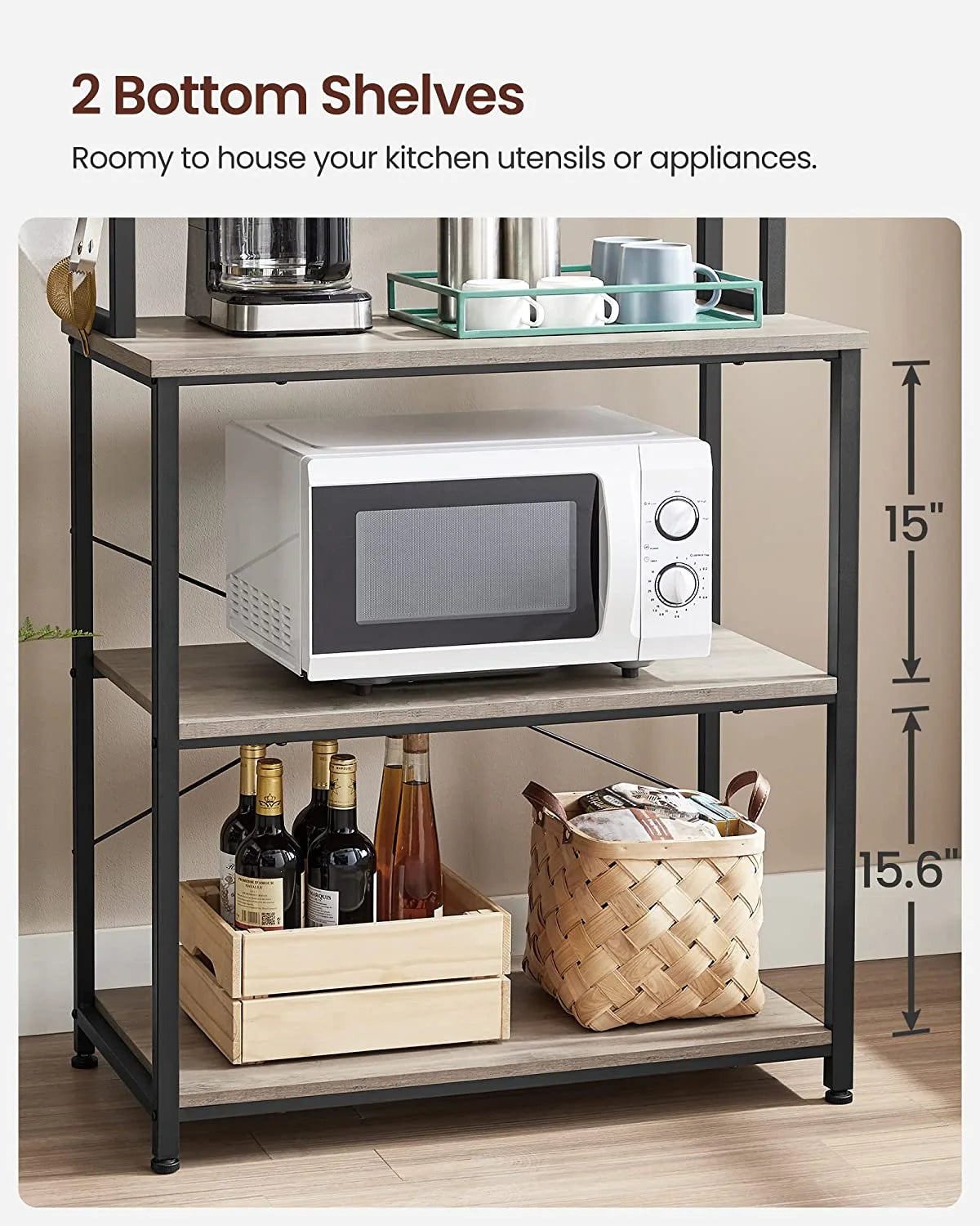 6-Tier Greige and Black Kitchen Shelves with 6 Hooks L8529