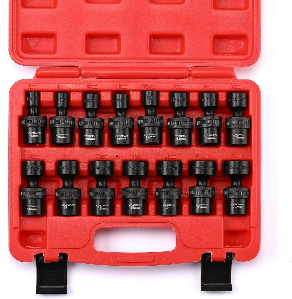 15 PCS 3/8 Drive Shallow Universal Impact Socket Set, 6 Point, Metric, 8-22mm W827
