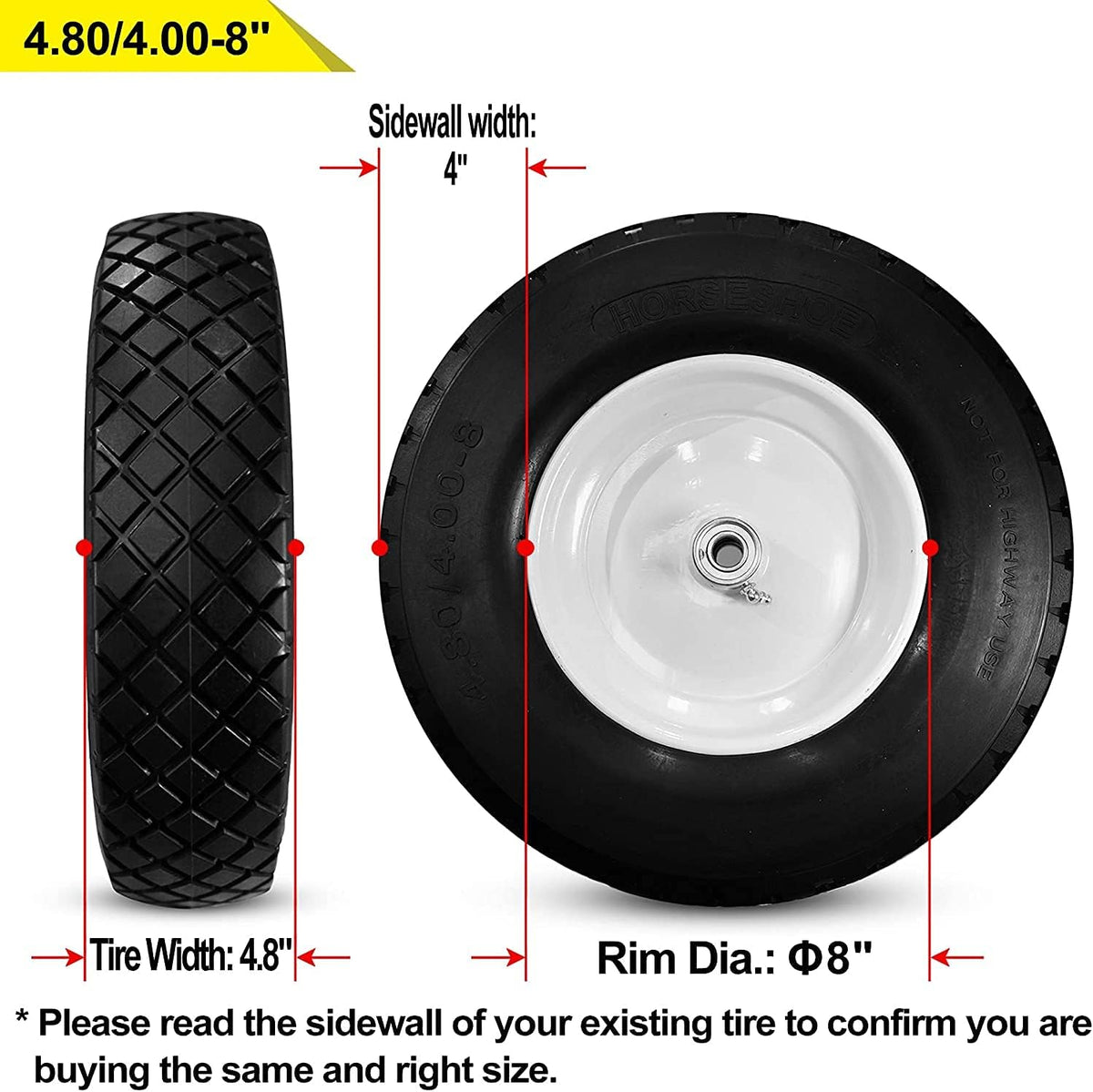 Flat-Free 4.80/4.00-8 Wheelbarrow Cart Wheels with Grease Fitting A16234