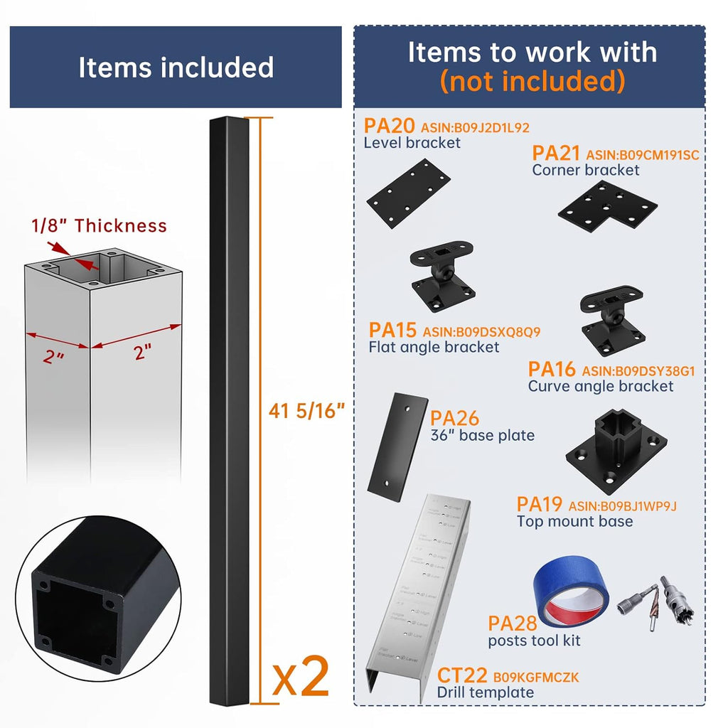2-Pack 36-42 inch Assembled Weldless 2x2 Square Aluminum Black Powder Coated Side Mount Surface Mount Posts C35141