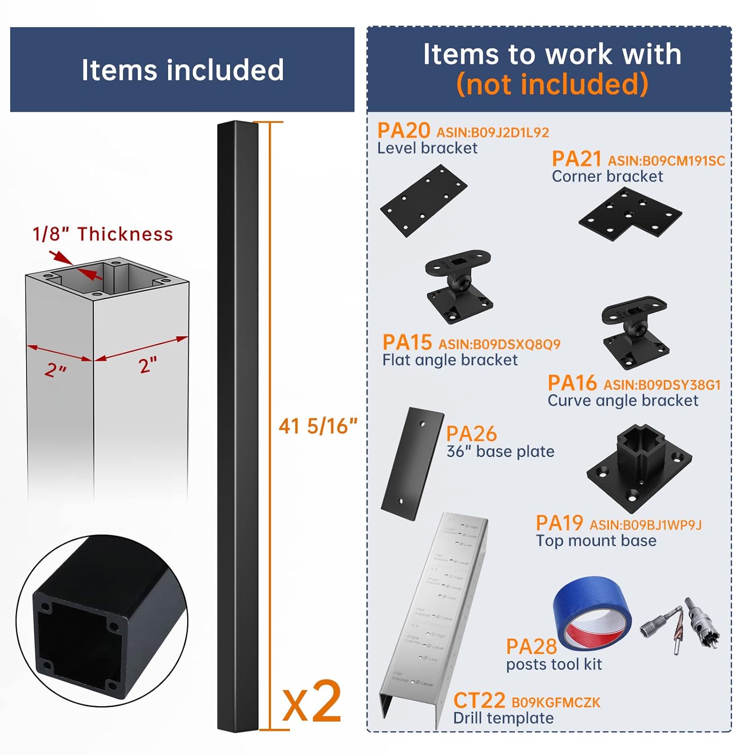 2-Pack 36-42 inch Assembled Weldless 2x2 Square Aluminum Black Powder Coated Side Mount Surface Mount Posts C35141