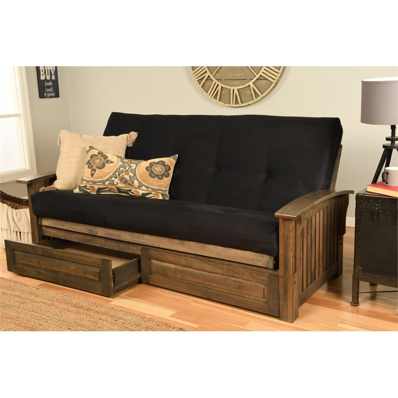 Walnut Futon with Drawers and Suede Black Mattress A483
