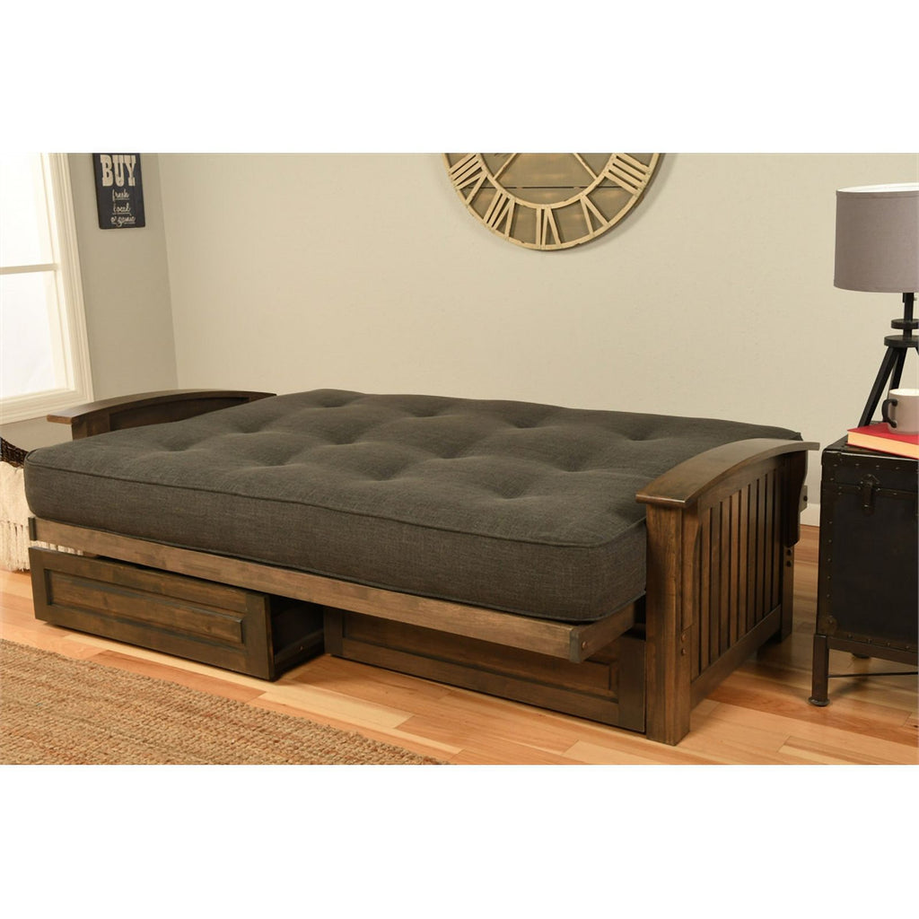 Walnut Futon with Drawers and Suede Black Mattress A483