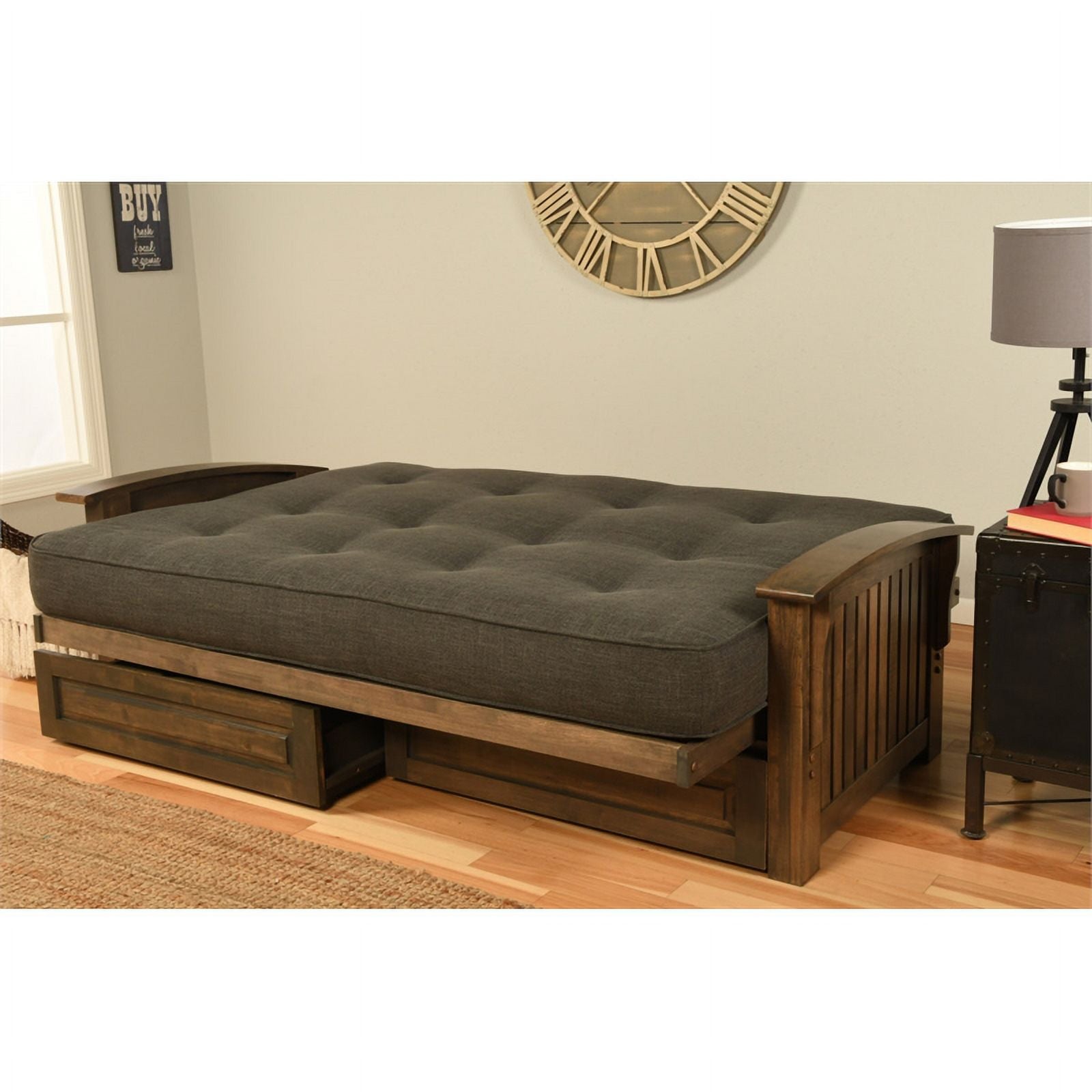 Walnut Futon with Drawers and Suede Black Mattress A483