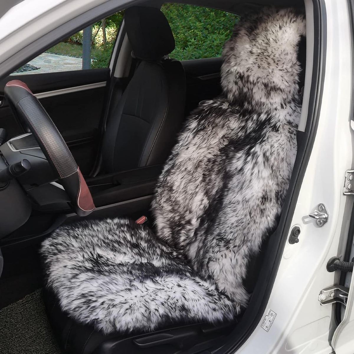 Genuine Australian Sheepskin Car Seat Cover, 1pc - White/Black B92515