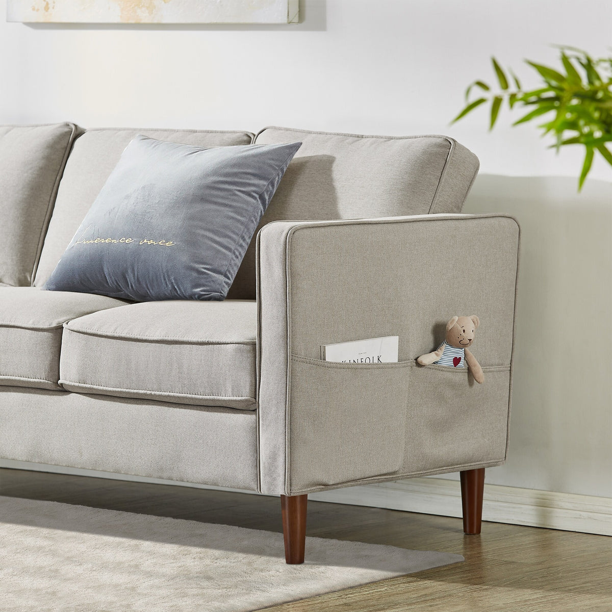 Dark Grey Linen Sofa with Arm Pockets W977751