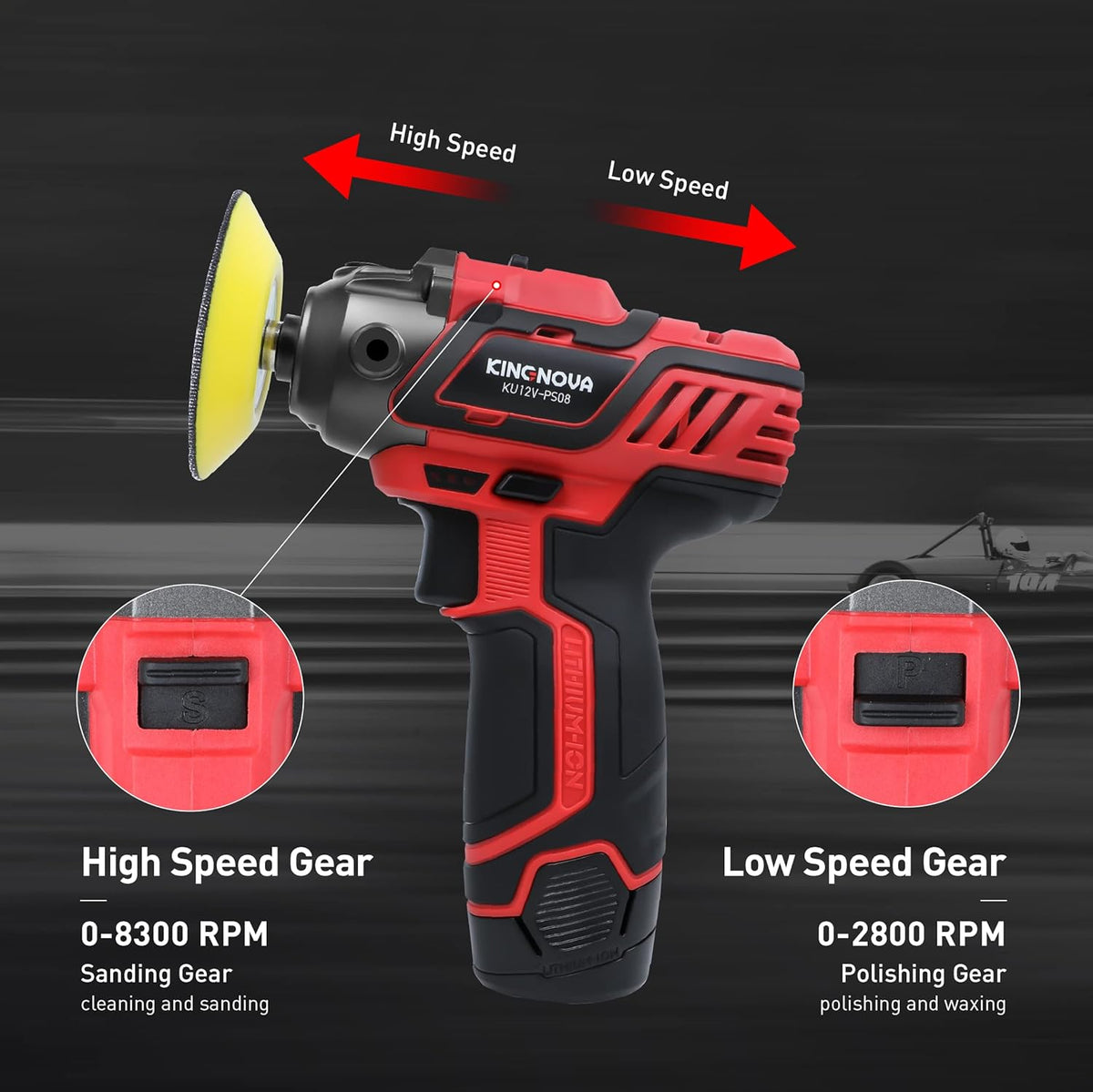 12V Cordless Buffer Polisher Variable Speed 2.0Ah Battery 0-2800/8300 RPM Mini Buffer C56869