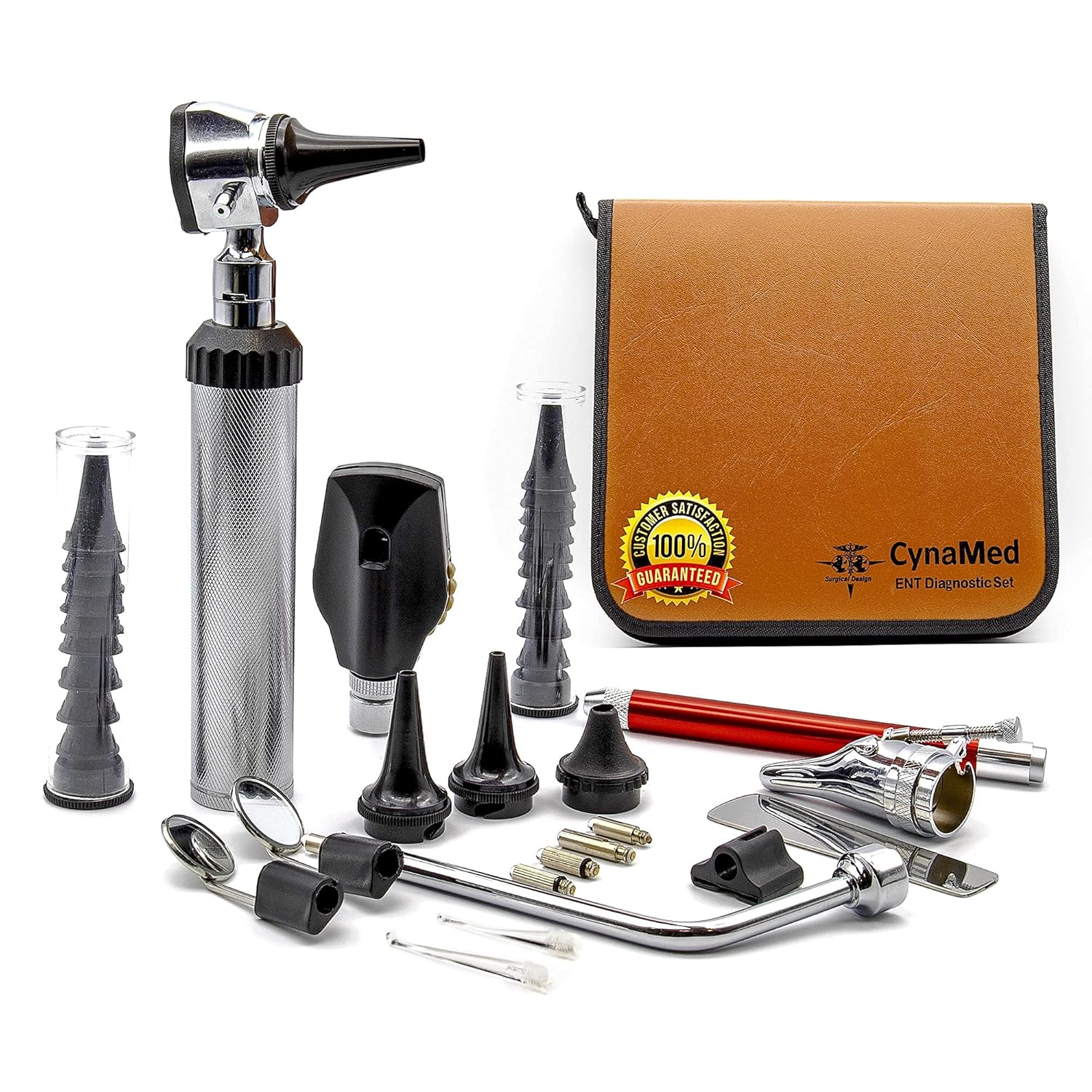 ENT Diagnostic Kit with Otoscope, Opthalmoscope, Earwax Remover, Nasal Dilator, Speculum, LED Lights, Mirrors, Replacement Tips, Leather Carry Bag Q617