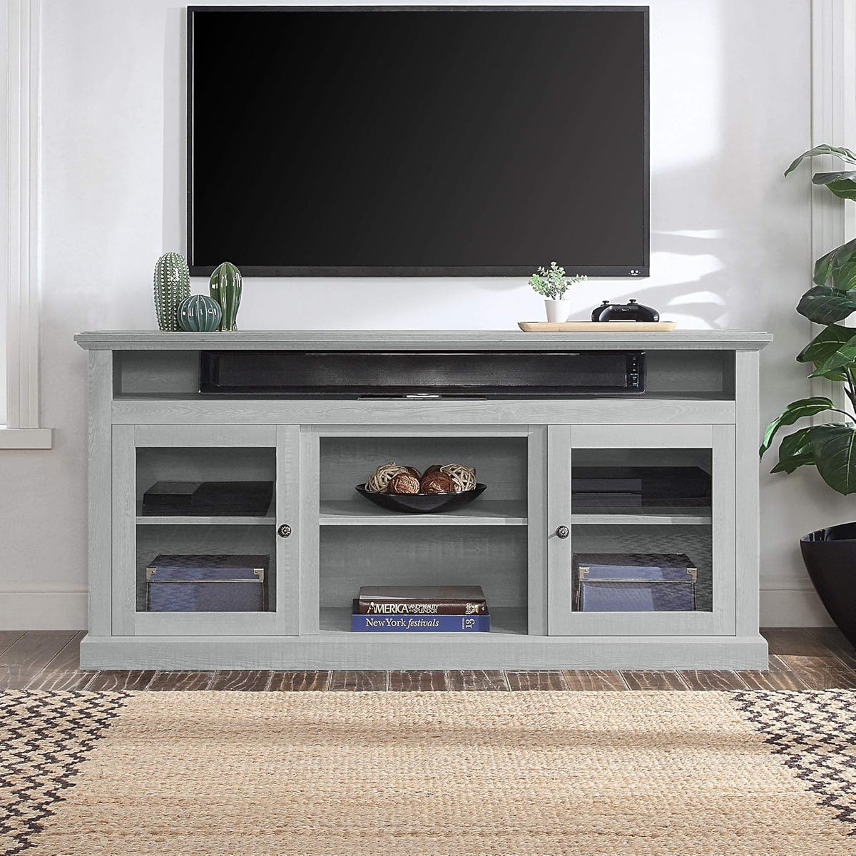 TV Stand with Open Storage Shelves and Cabinets O431056
