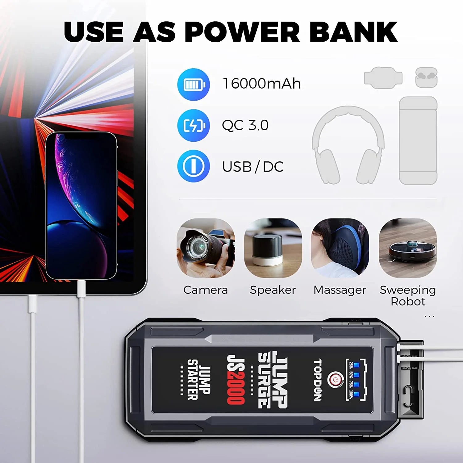 12V 2000A Peak Portable Jump Starter for 8L Gas/6L Diesel Engines X621