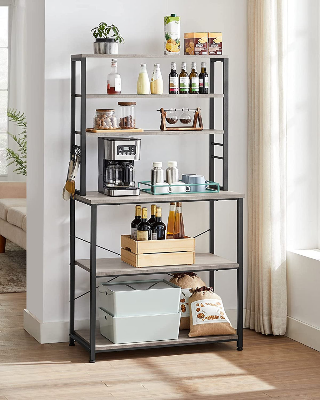 6-Tier Greige and Black Kitchen Shelves with 6 Hooks L8529