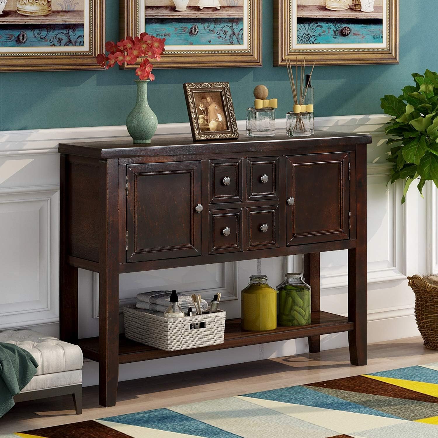 Antique Blue Buffet Table with Bottom Shelf I98253