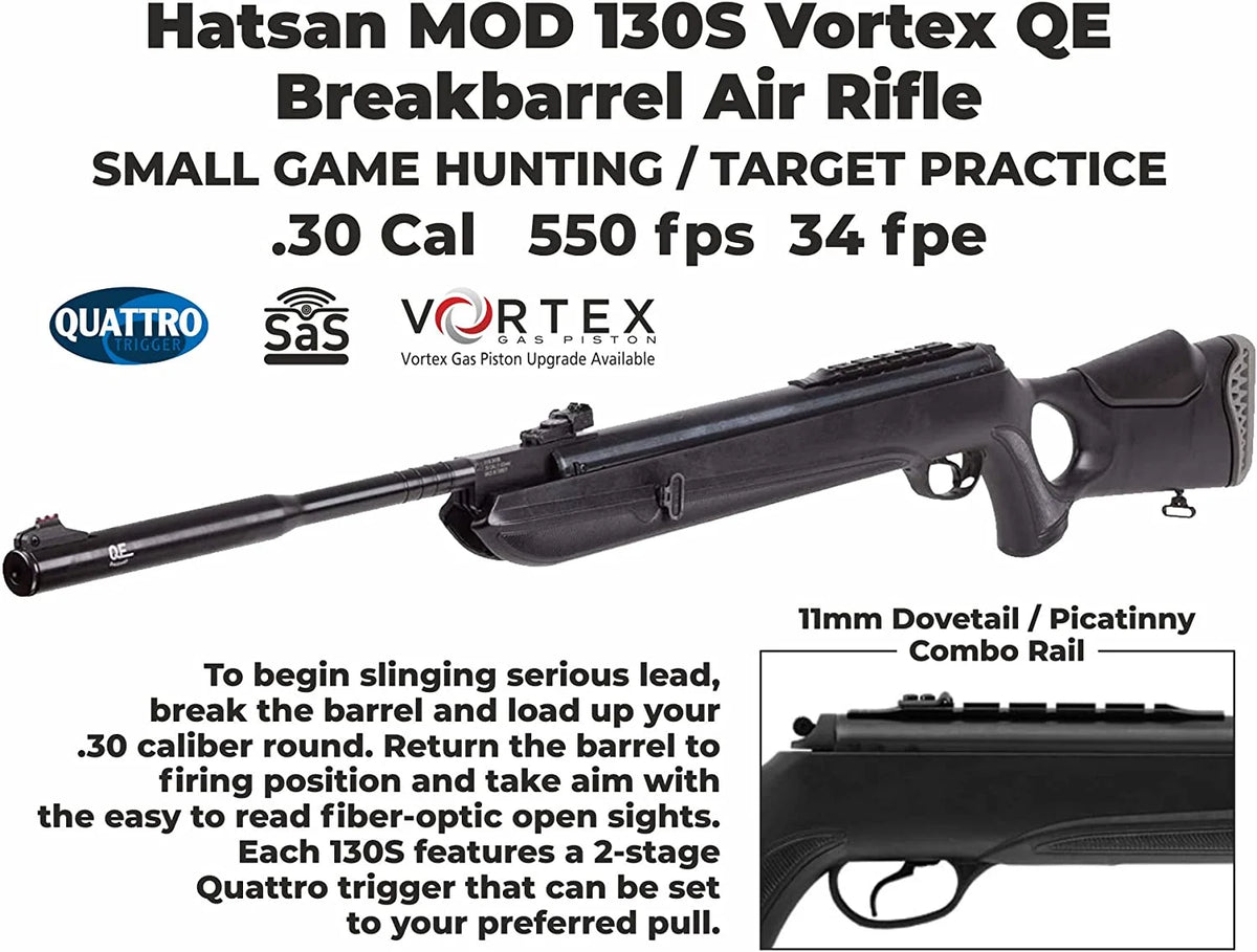 Hatsan Mod 130S Vortex QE .30 Cal Break Barrel Air Rifle and Pellets and Hat Bundle P6922