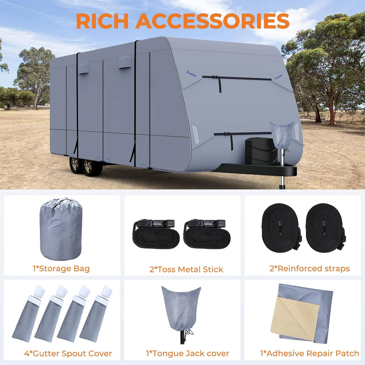 Waterproof Travel Trailer RV Cover with 4 Gutter Spout Covers E305