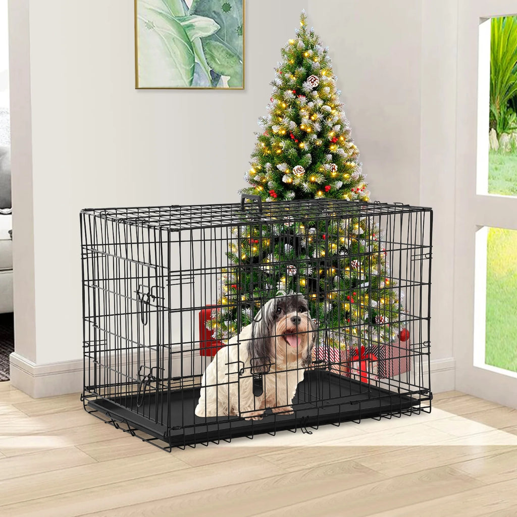 Black Folding Metal Wire Dog Crate with Double-Door I2377
