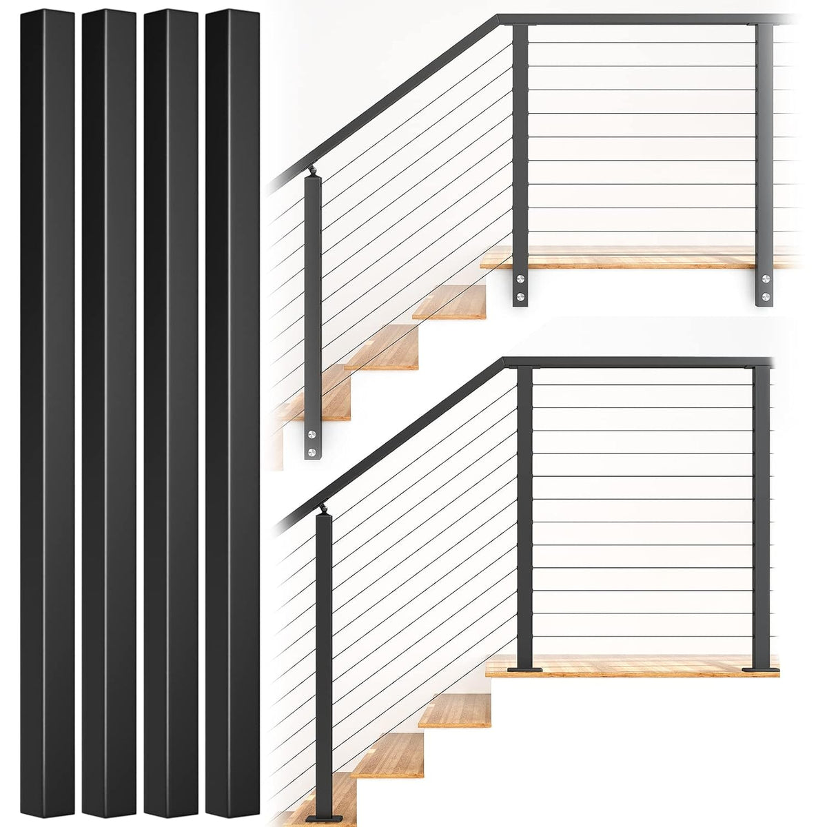 2-Pack 36-42 inch Assembled Weldless 2x2 Square Aluminum Black Powder Coated Side Mount Surface Mount Posts C35141