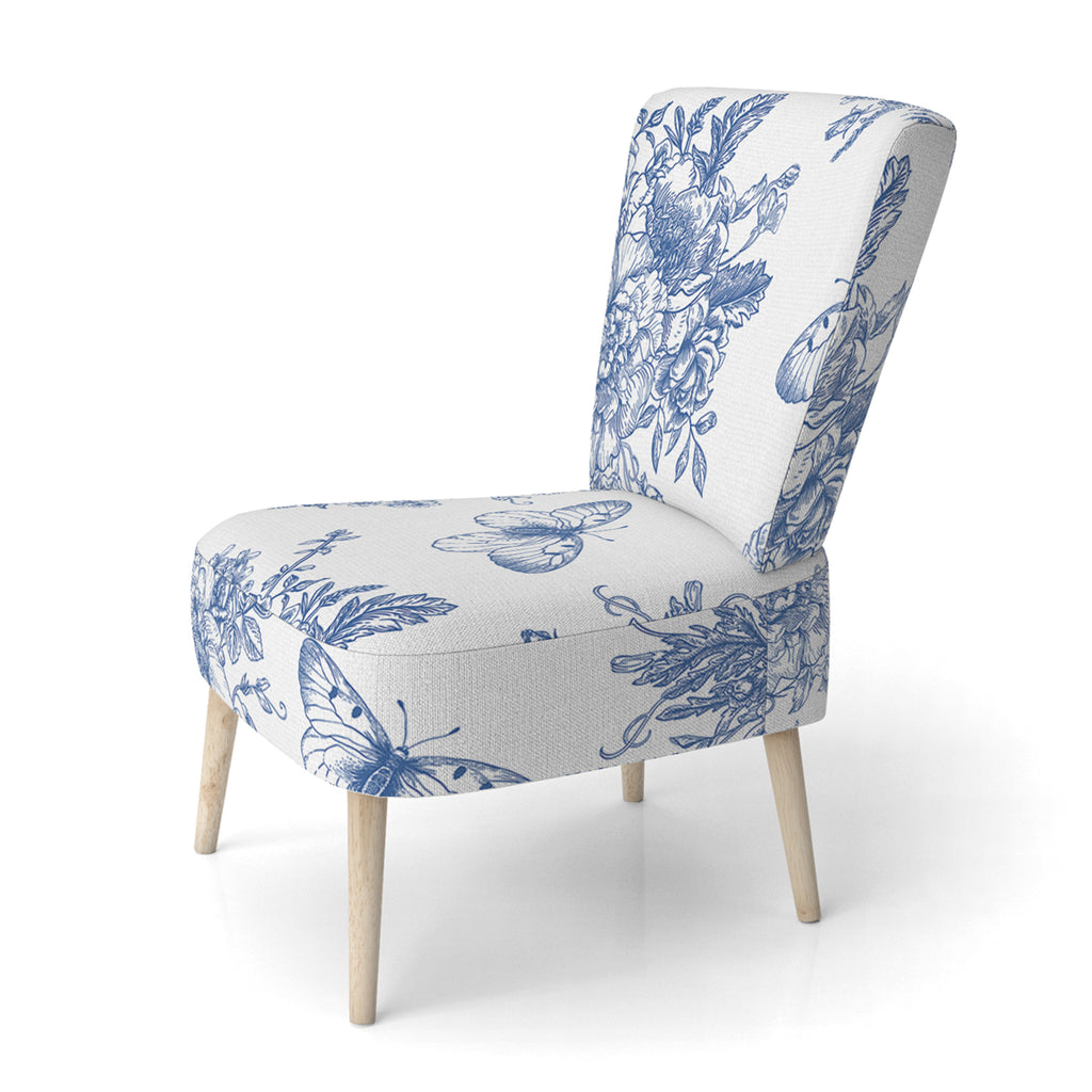 Blue Flowers and Butterflies Upholstered Accent Chair and Arm Chair M69349