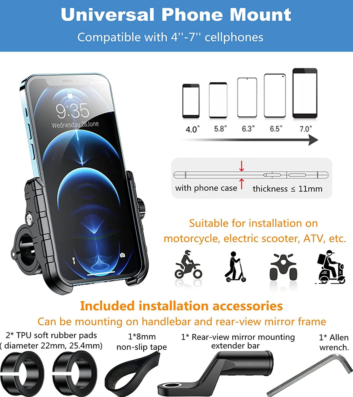 Motorcycle Phone Mount Charger USB QC 3.0 36W Fast Charging Port, Anti-Slip Aluminum Alloy Mounting Base IP66 Waterproof Handlebar Cell Phone Holder Adjustable Fit 4-7" V870011