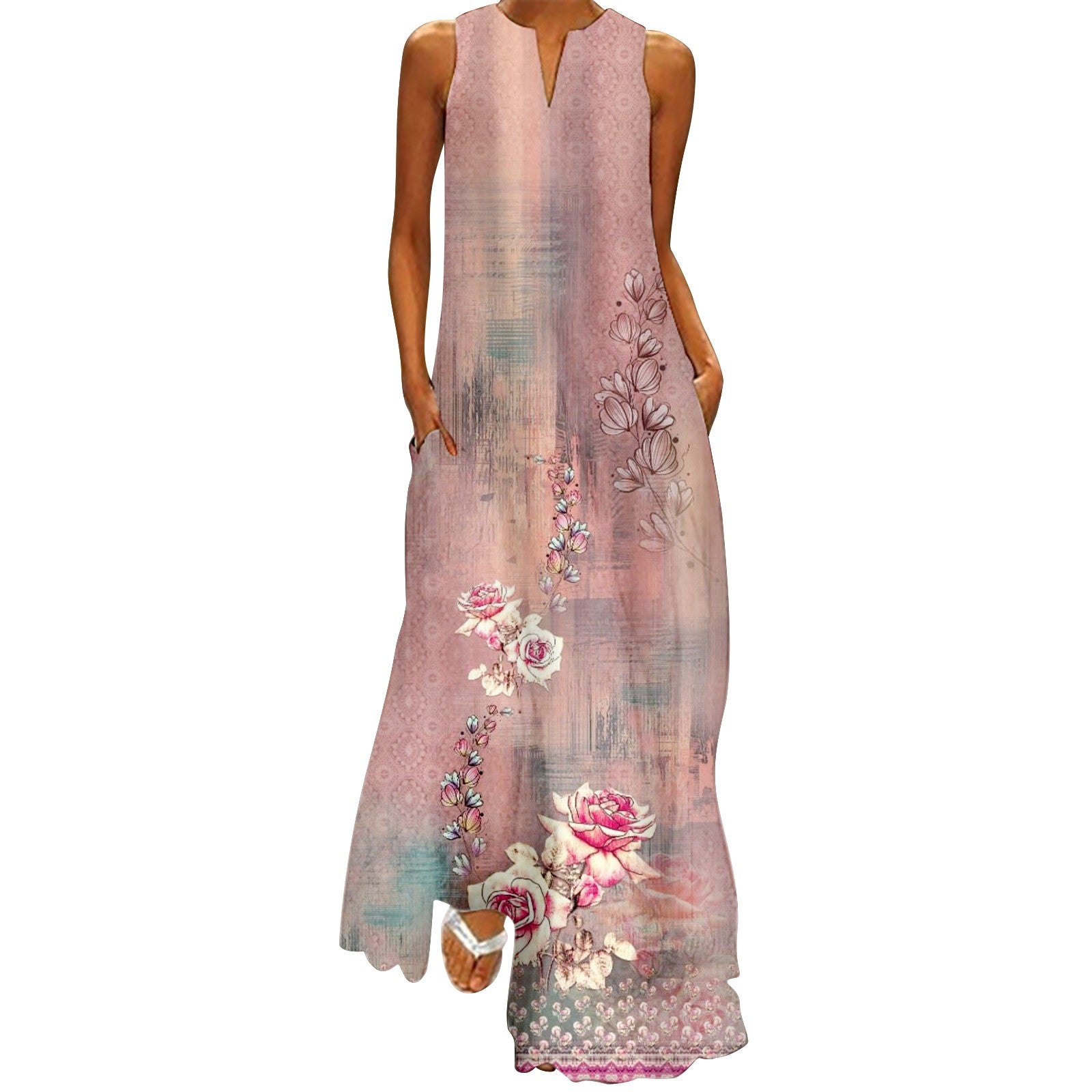 Plus Size Sleeveless Print V Neck Loose Long Sundress with Pockets B116529