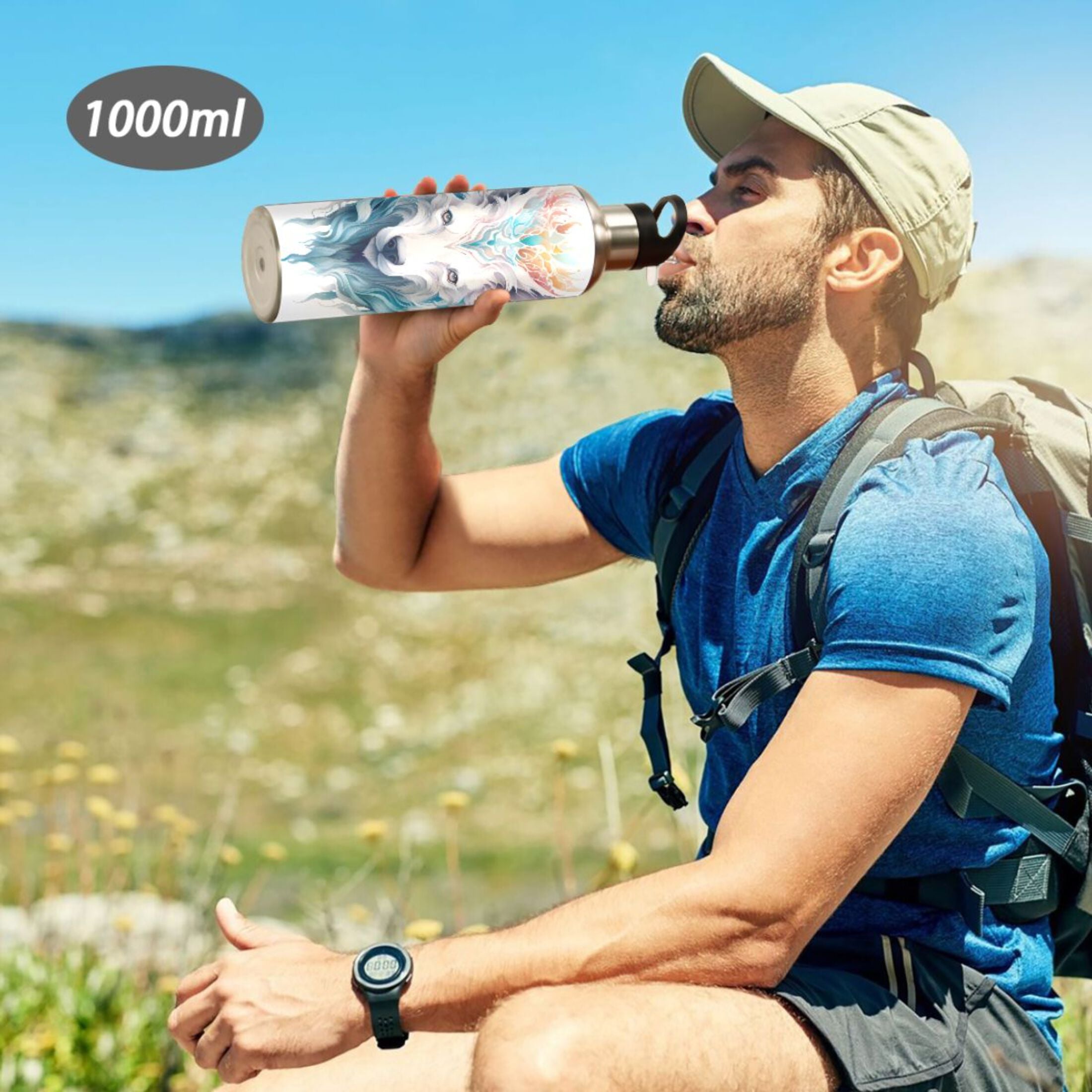 Blue Stainless Steel Insulated Water Bottle with Straw Lid L3950