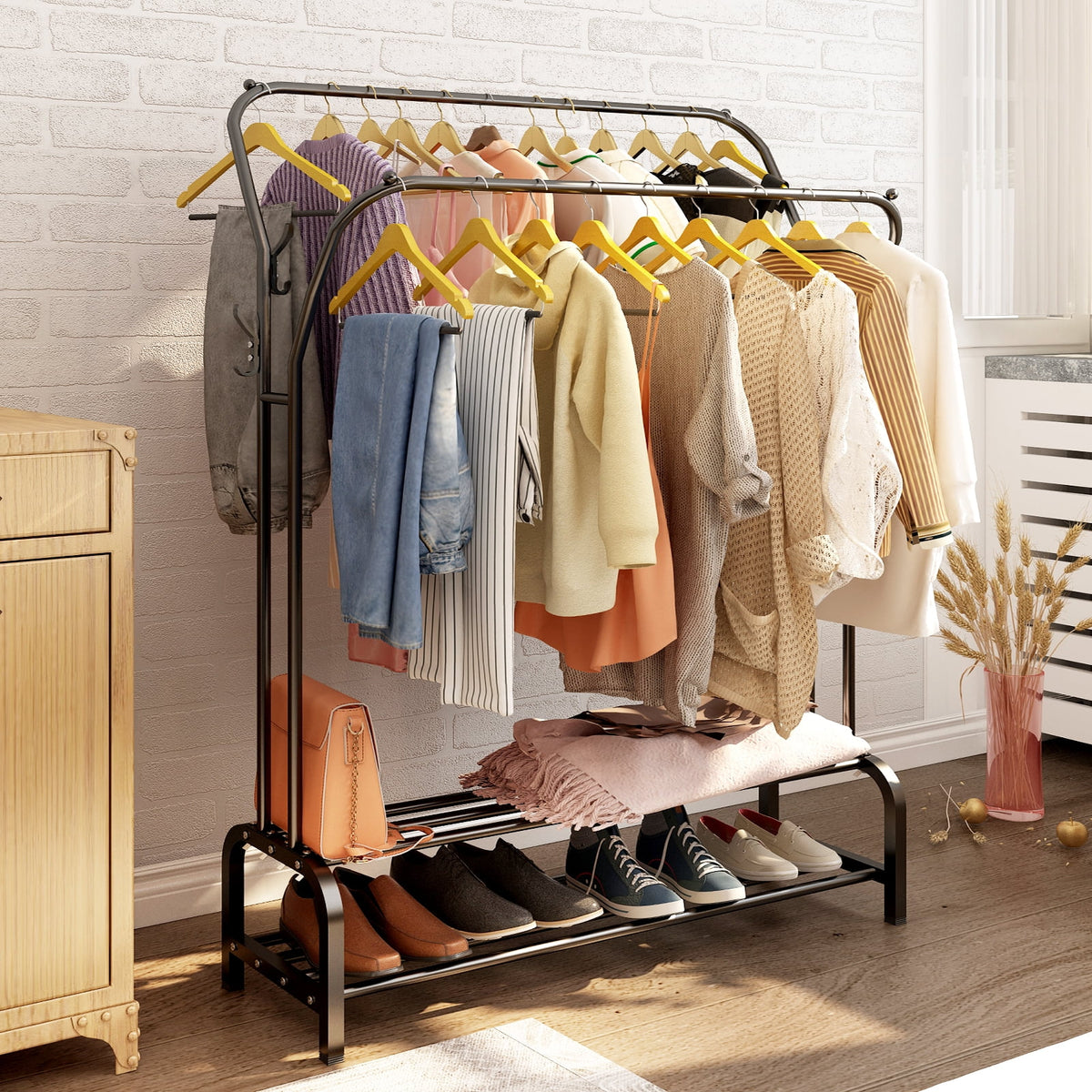 Black Freestanding Metal Double Rail Clothes Stand with 8 Hangers and 2 Shoe Shelves Y4252