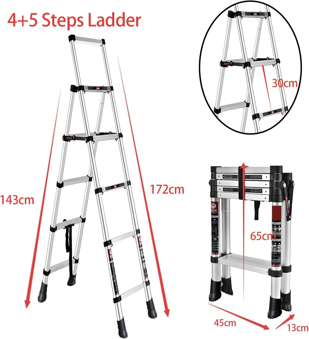 4 + 5 Step Telescoping Ladder, Aluminum Alloy Folding Extendable Ladder with Non-Slip Rubber Feet, 330lbs Load Capacity Q9751