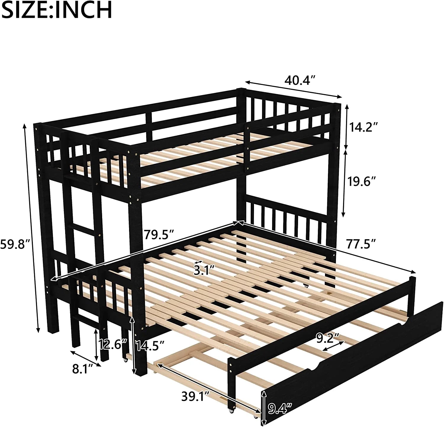 Twin Over Twin/King Wooden Bunk Beds with Trundle and Ladder E9685