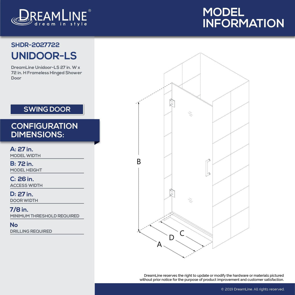 27 in. W x 72 in. H Frameless Hinged Shower Door, Satin Black B388683